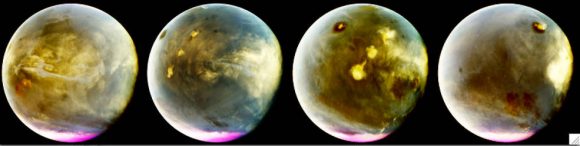 MAVEN's Imaging UltraViolet Spectrograph obtained these images of rapid cloud formation on Mars on July 9-10, 2016. Mars’ prominent volcanoes, topped with white clouds, can be seen moving across the disk and show how rapidly and extensively the clouds topping the volcanoes form in the afternoon. Credits: NASA/MAVEN/University of Colorado