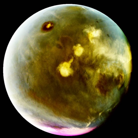 MAVEN's Imaging UltraViolet Spectrograph obtained images of rapid cloud formation on Mars on July 9-10, 2016. The ultraviolet colors of the planet have been rendered in false color, to show what we would see with ultraviolet-sensitive eyes. Mars’ tallest volcano, Olympus Mons, appears as a prominent dark region near the top of the image, with a small white cloud at the summit that grows during the day. Three more volcanoes appear in a diagonal row, with their cloud cover (white areas near center) merging to span up to a thousand miles by the end of the day. Credits: NASA/MAVEN/University of Colorado