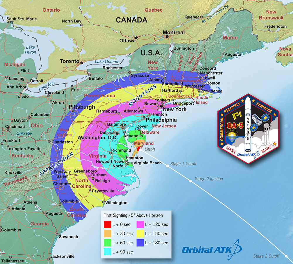 Antares Launch Viewing Map. This “first-sight” map indicates potential to see Orbital ATK’s Antares rocket in the minutes following its launch on the OA-5 mission to the ISS on October 16, 2016. Credit: Orbital ATK