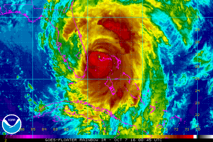 Cat 4 Hurricane Matthew track during the late evening of 6 Oct 2016.  Credit: NASA/NOAA