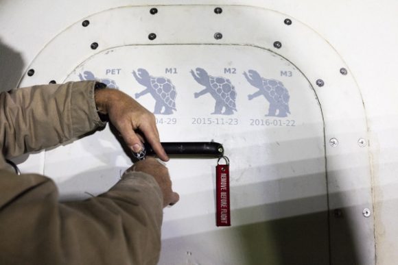 Blue Origin stencils a tortoise on their vehicles after each successful flight. The tortoise is part of the company's Coat of Arms. Credit: Blue Origin. 