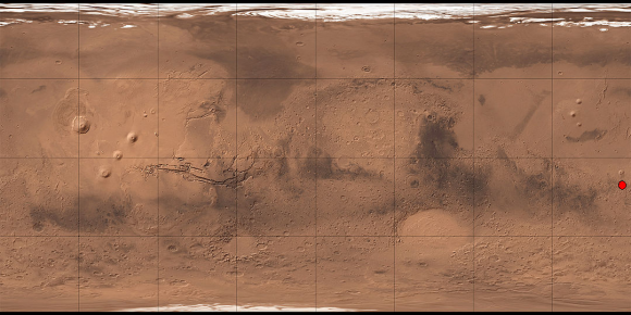 The Gusev Crater geo-located on a map of Mars. Image: Wikimedia Labs