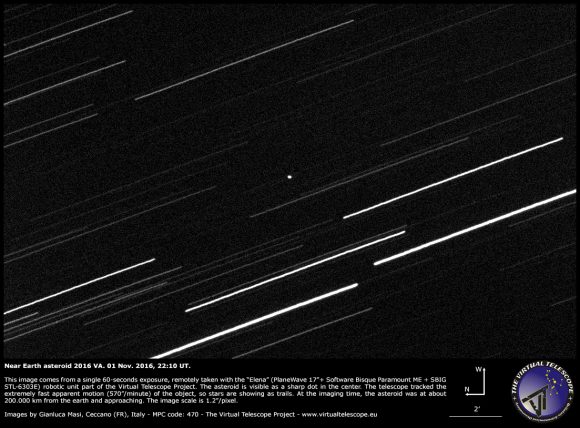 The passage of asteroid 2016 VA. Image credit: The Virtual Telescope Project.