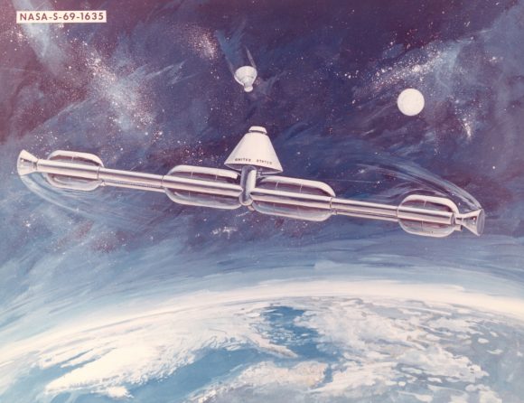 A 1969 station concept. The station was to rotate on its central axis to produce artificial gravity. The majority of early space station concepts created artificial gravity one way or another in order to simulate a more natural or familiar environment for the health of the astronauts. Credit: NASA