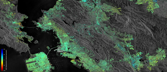 Radar data from Sentinel-1 shows the displacement in San Francisco's Bay Area. Yellow-red areas are sinking, while blue areas are rising. Green areas are not moving. Image: ESA SEOM INSARAP study / PPO.labs / Norut / NGU