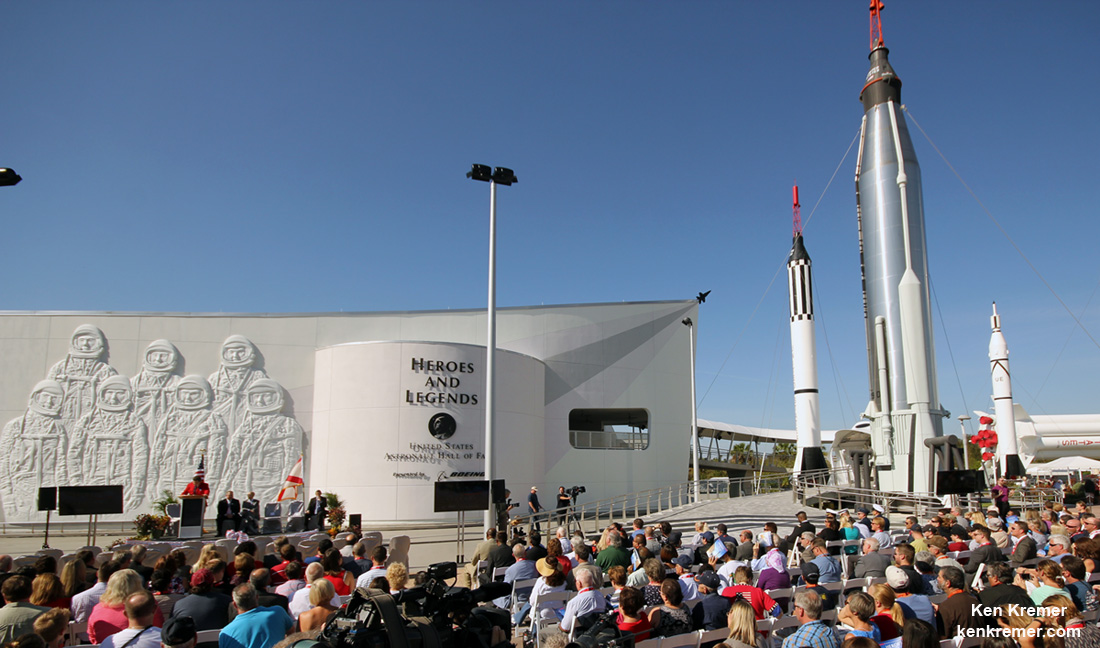 Grand opening ceremony for the ‘Heroes and Legends’ attraction on Nov. 11, 2016 at the Kennedy Space Center Visitor Complex in Florida and attended by more than 25 veteran and current NASA astronauts. It includes the new home of the U.S. Astronaut Hall of Fame, presented by Boeing. In addition to displays honoring the 93 Americans currently enshrined in the hall, the facility looks back to the pioneering efforts of Mercury, Gemini and Apollo. It provides the background and context for space exploration and the legendary men and women who pioneered the nation's journey into space.  Credit: Ken Kremer/kenkremer.com