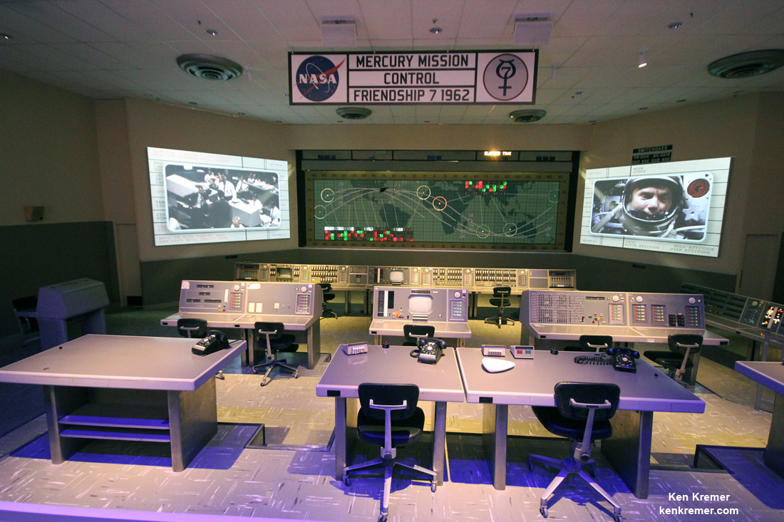 Interactive features in the KSCVC Heroes and Legends attraction include the original consoles of the Mercury Mission Control room with the world map that was used to follow the path of the John Glenn capsule Friendship 7 between tracking stations.  Credit: Ken Kremer/kenkremer.com