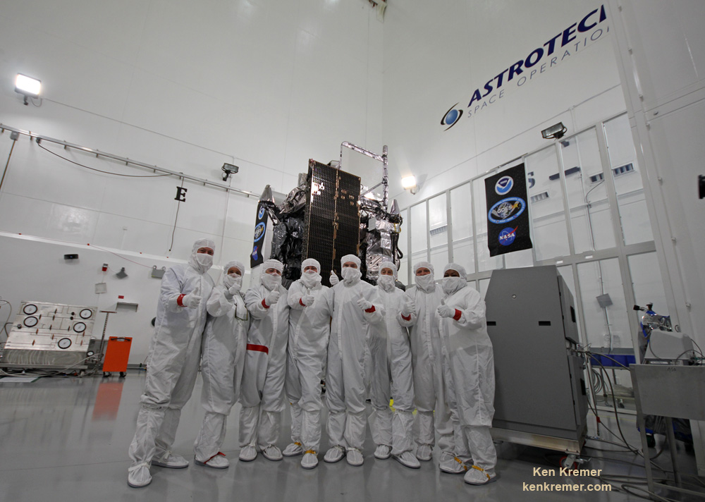 The NASA/NOAA/Lockheed Martin/Harris GOES-R team gives a big thumbs up for the dramatic leap in capability this next gen weather observation satellite will provide - during media briefing at Astrotech Space Operations, in Titusville, FL. Launch is set for Nov. 19, 2016.  Credit: Ken Kremer/kenkremer.com