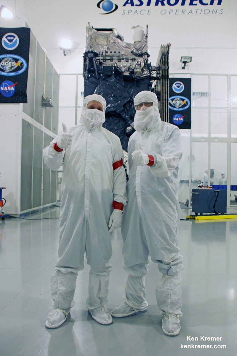 Tim Gasparinni, GOES-R program manager for Lockheed Martin, and Ken Kremer/University Today pose with GOES-R revolutionary weather satellite inside Astrotech Space Operations cleanroom, in Titusville, FL, and built by NASA/NOAA/Lockheed Martin/Harris. Credit: Ken Kremer/kenkremer.com