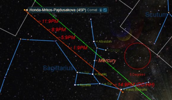 The path of Comet 45/P from mid-November through December 15th, 2016. Image credit: Starry Night.