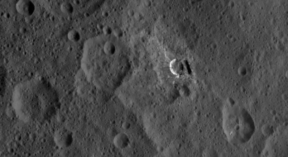 Oxo Crater and its surroundings are featured in this image of Ceres' surface from NASA's Dawn spacecraft. Dawn took this image on Oct. 18, 2016, from its second extended-mission science orbit (XMO2), at a distance of about 920 miles (1,480 kilometers) above the surface. The image resolution is about 460 feet (140 meters) per pixel. Credit: NASA/JPL-Caltech/UCLA/MPS/DLR/IDA