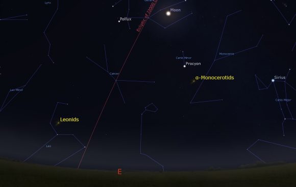 The rising radiant of the Leonids versus the nearby waning gibbous Moon. image credit: Stellarium.
