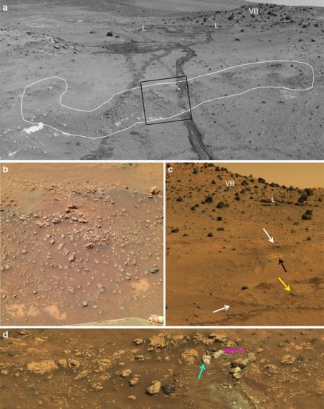 (A) shows the wheel marks left by Spirit. The darker ones on the right are from the inoperable wheel. (B) is a closeup of the box in (A). (C) shows some of the rover tracks and features in Gusev. (D) shows two whitish rocks, intentionally overturned by Spirit's busted wheel. Image: NASA/JPL/Spirit PanCam.