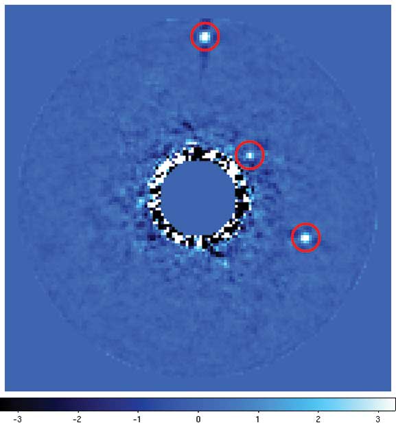 This image from the CHARIS instrument shows planets located around a star in the planetary system HR8799. Image: N. Jeremy Kasdin and team