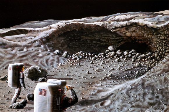 Here, a surface exploration crew begins its investigation of a typical, small lava tunnel, to determine if it could serve as a natural shelter for the habitation modules of a Lunar Base. Credit: NASA's Johnson Space Center