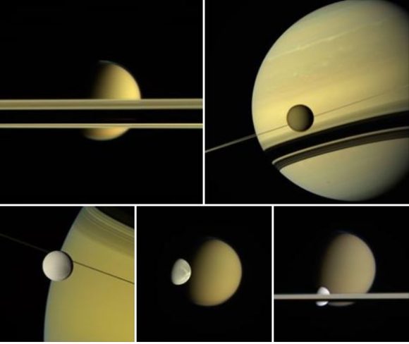 A montage of images from Cassini of various moons and the rings around Saturn. Credit: NASA/JPL-Caltech/Space Science Institute