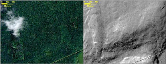Aerial photograph of a forest in Connecticut (left), and bare-earth lidar image beneath the overgrown vegetation (right) showing the remnants of stone walls, building foundations, abandoned roads and what was once cleared farm land. Credits: NASA/Katharine Johnson