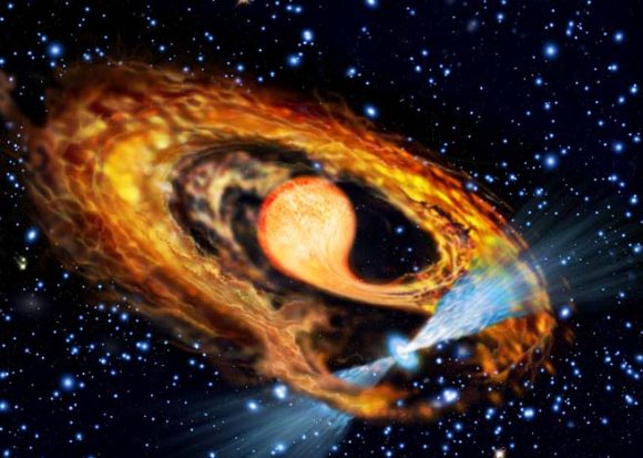  An artist's impression of a millisecond pulsar and its companion. The pulsar (seen in blue with two radiation beams) is accreting material from its bloated red companion star and increasing its rotation rate. Astronomers have measured the orbital parameters of four millisecond pulsars in the globular cluster 47 Tuc and modeled their possible formation and evolution paths. Credit: European Space Agency & Francesco Ferraro (Bologna Astronomical Observatory)