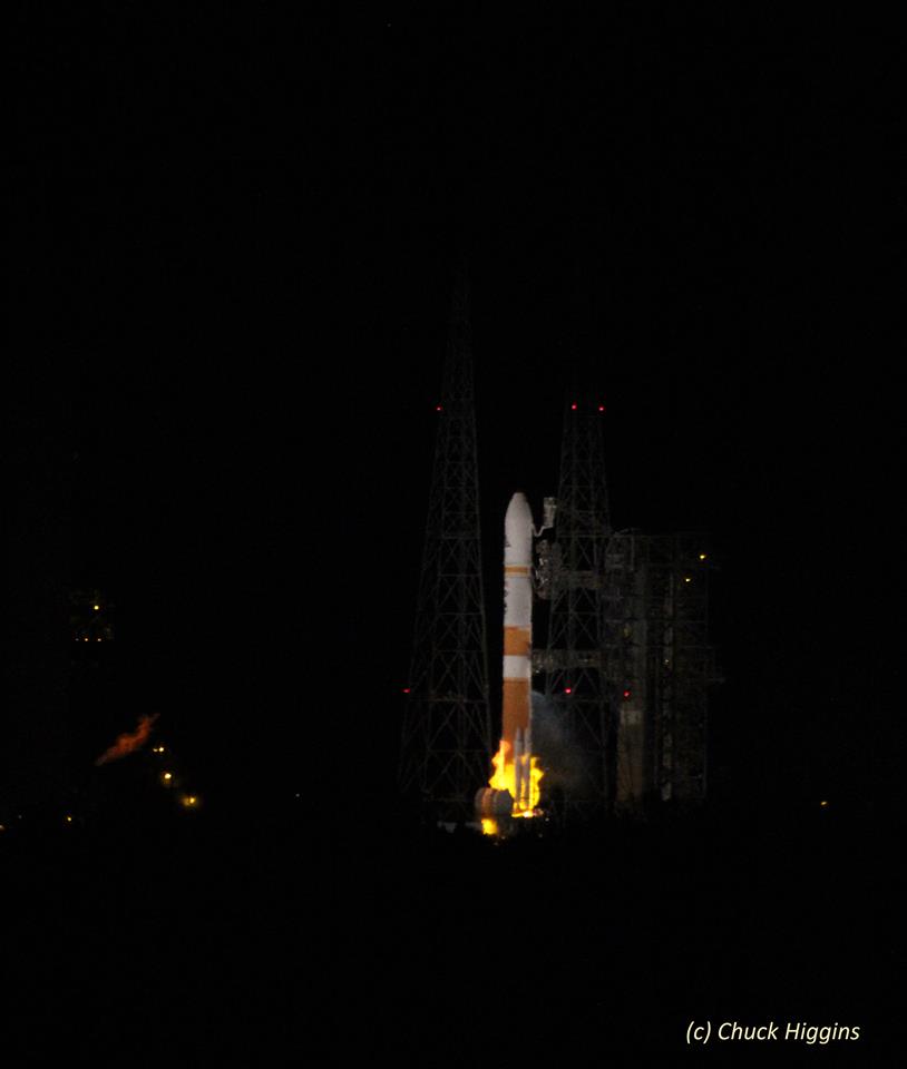 ULA Delta IV rocket lifts off carrying WGS-8 satcom to orbit for USAF at 6:53 p.m EDT on Dec. 7, 2016 from Cape Canaveral Air Force Station, Fl., as seen from LC-39 gantry. Credit:  Chuck Higgins