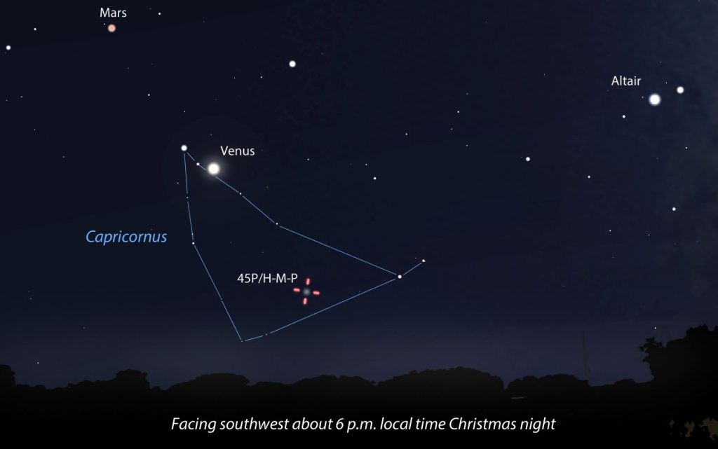 Tonight, the comet will appear about 12. 5 degrees to the west of Venus in central Capricornus. You can spot it near the end of evening twilight. Use larger binoculars or a telescope. Stellarium