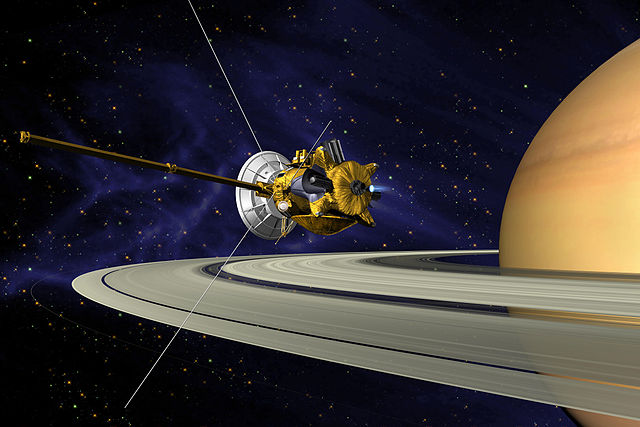 An artist's illustration of Cassini entering orbit around Saturn. Public Domain, https://commons.wikimedia.org/w/index.php?curid=626636