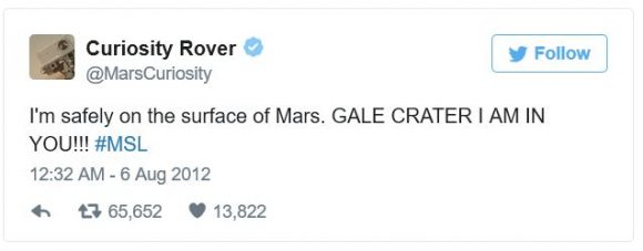 Curiosity’s Twitter feed announced its arrival on Mars on August 5, 2012. Credit: Twitter.