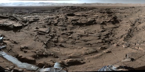  A portion of a panorama from Curiosity’s Mastcam shows the rugged surface of ‘Naukluft Plateau’ plus part of the rim of Gale Crater, taken on April 4, 2016 or Sol 1301. Credit: NASA/JPL-Caltech/MSSS