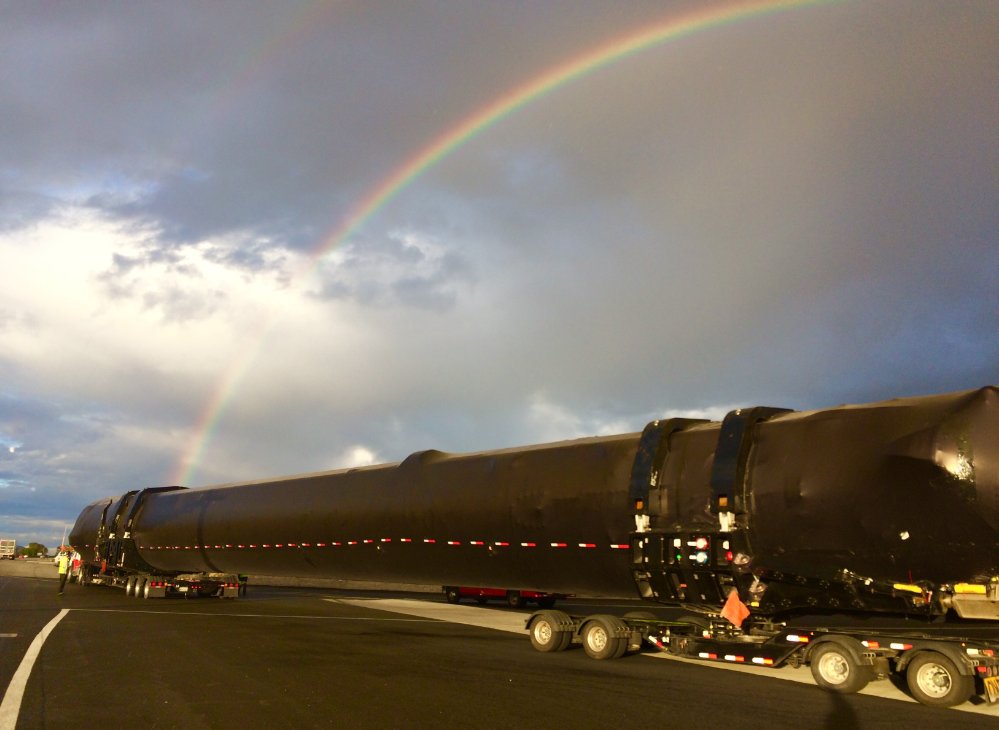 SpaceX Falcon 9 Stage 1 arriving in California for Iridium NEXT launch - with a Rainbow! Credit: SpaceX/Iridium