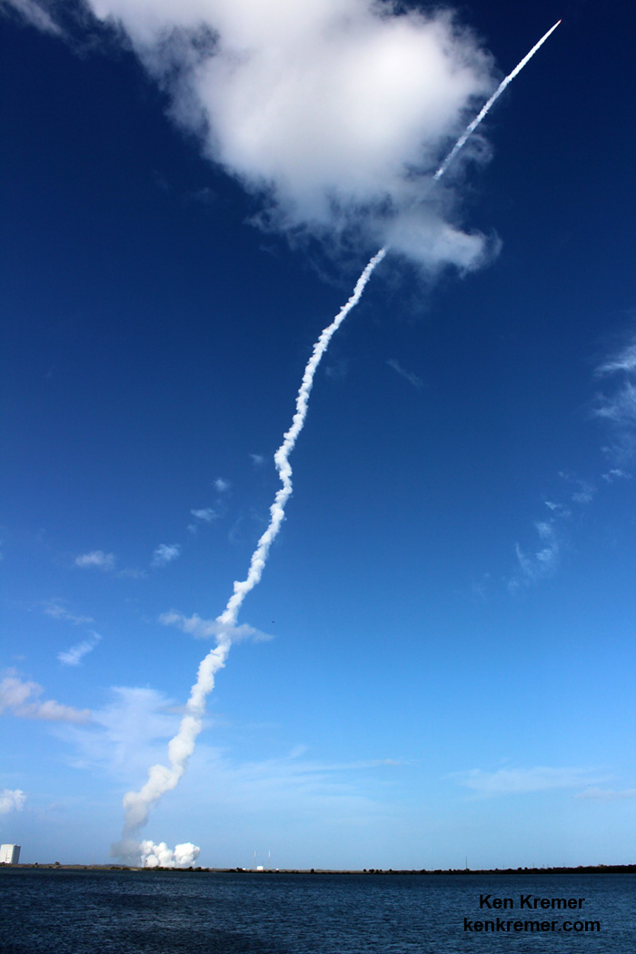 United Launch Alliance (ULA) Atlas V rocket streak to orbit carrying EchoStar XIX satellite after lift off from Space Launch Complex-41 on Cape Canaveral Air Force Station, Fl., at 2:13 p.m. EST on Dec. 18, 2016. Credit: Ken Kremer/kenkremer.com