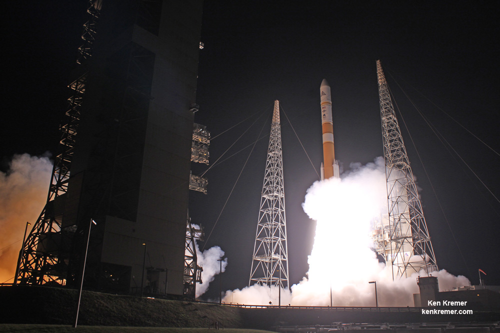 A United Launch Alliance (ULA) Delta IV rocket carrying the WGS-8 mission lifts off from Space Launch Complex-37 at 6:53 p.m EDT on Dec. 16, 2016 from Cape Canaveral Air Force Station, Fla.  Credit: Ken Kremer/kenkremer.com  