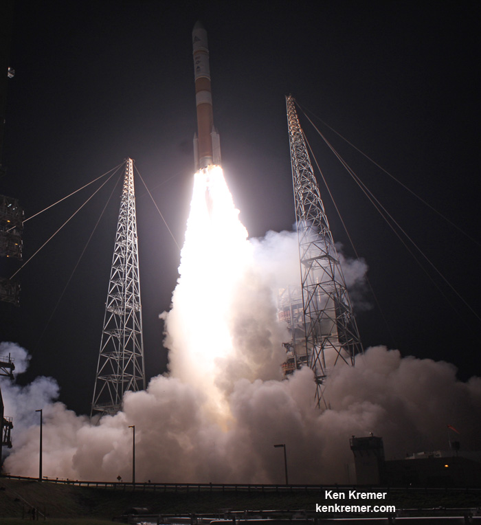 United Launch Alliance (ULA) Delta IV rocket carrying the WGS-8 mission for the U.S. Air Force launches at 6:53 p.m EDT on Dec. 16, 2016 from Cape Canaveral Air Force Station, Fl.  Credit: Ken Kremer/kenkremer.com  