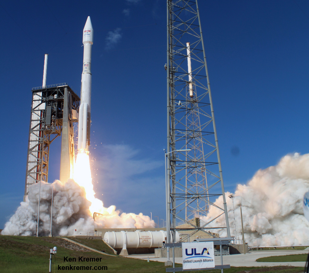 Fiery blastoff of a United Launch Alliance (ULA) Atlas V rocket carrying the EchoStar XIX satellite from Space Launch Complex-41 on Cape Canaveral Air Force Station, Fl., at 2:13 p.m. EST on Dec. 18, 2016. Credit: Ken Kremer/kenkremer.com 