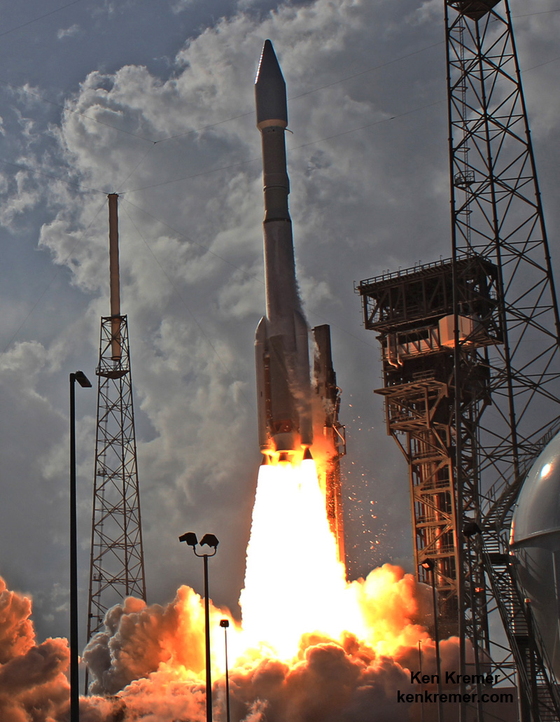Blastoff of a United Launch Alliance (ULA) Atlas V rocket carrying the EchoStar XIX satellite from Space Launch Complex-41 on Cape Canaveral Air Force Station, Fl., at 2:13 p.m. EST on Dec. 18, 2016. Credit: Ken Kremer/kenkremer.com