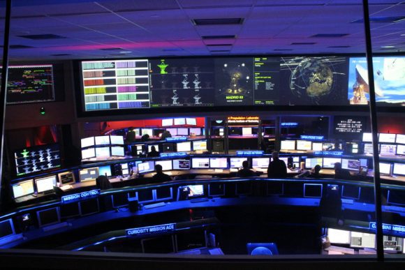 A view of the Space Flight Operations Facility at the Jet Propulsion Laboratory, where all the data going both to and from all planetary missions is sent and received via the Deep Space Network. Credit: Nancy Atkinson.