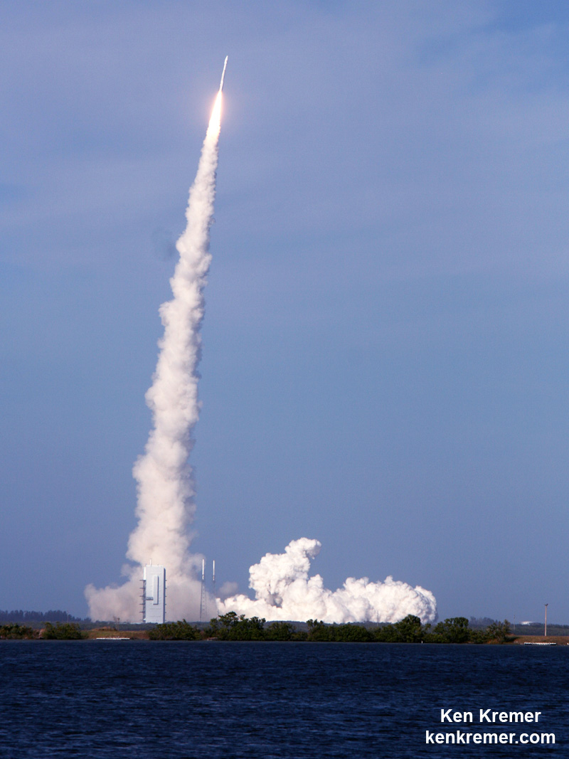ULA Atlas V rocket streaks to orbit carrying EchoStar XIX satellite after lift off from Space Launch Complex-41 on Cape Canaveral Air Force Station, Fl., at 2:13 p.m. EST on Dec. 18, 2016. Credit: Ken Kremer/kenkremer.com