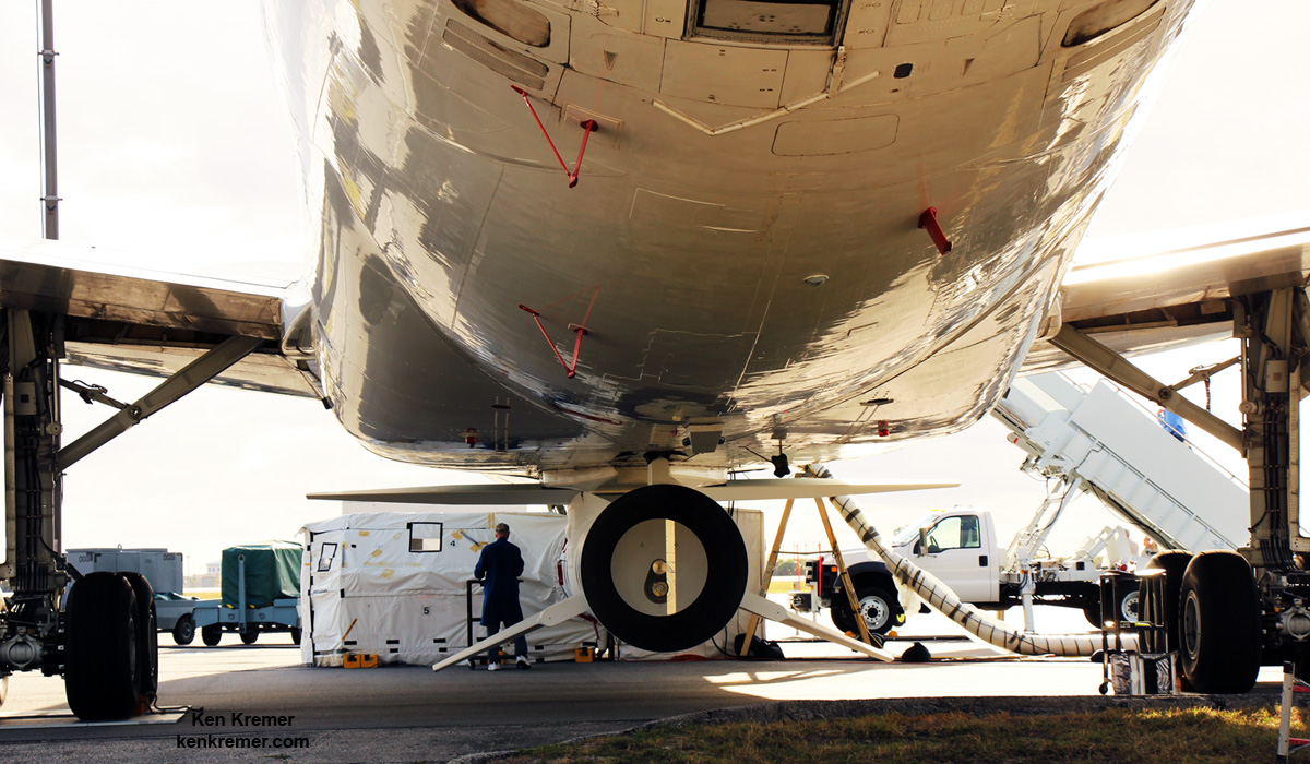Rear view into the first stage engine of Orbital ATK Pegasus XL rocket that will launch NASA's CYGNSS experimental hurricane observation payload on Dec. 14, 2016. They are mated to the bottom of the Orbital ATK L-1011 Stargazer aircraft at the Skid Strip at Cape Canaveral Air Force Station in Florida.  Credit: Ken Kremer/kenkremer.com 