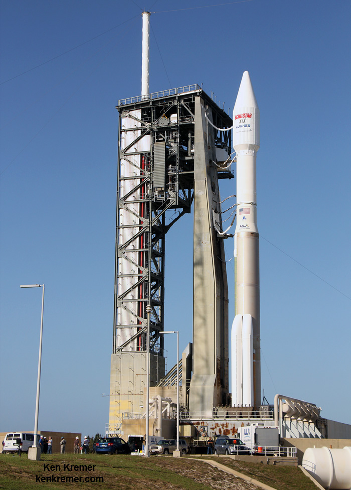 ULA Atlas V rocket carrying the EchoStar 19 high speed internet satellite is poised for blastoff from  Space Launch Complex-41 at Cape Canaveral Air Force Station in Florida on Dec. 18, 2016. Credit: Ken Kremer/kenkremer.com