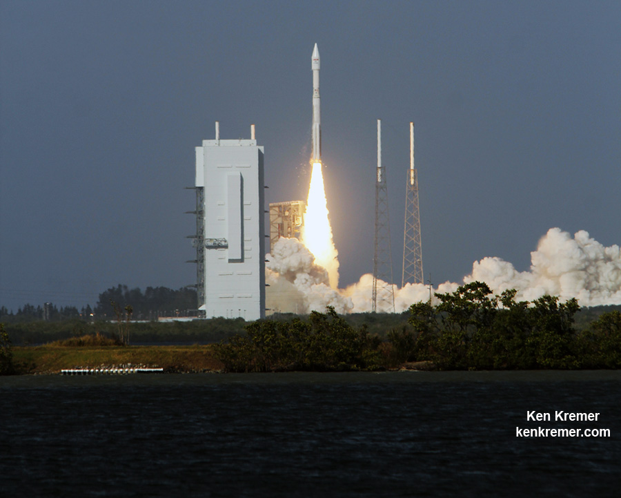 Ignition and liftoff of United Launch Alliance (ULA) Atlas V rocket delivering EchoStar 19 satellite to orbit from Space Launch Complex-41 on Cape Canaveral Air Force Station, Fl., at 2:13 p.m. EST on Dec. 18, 2016. Credit: Ken Kremer/kenkremer.com 	 