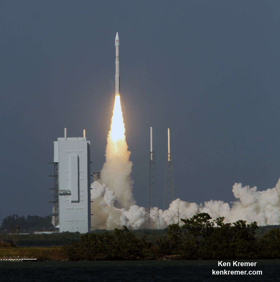 Ignition and liftoff of United Launch Alliance (ULA) Atlas V rocket delivering EchoStar 19 satellite to orbit from Space Launch Complex-41 on Cape Canaveral Air Force Station, Fl., at 2:13 p.m. EST on Dec. 18, 2016. Credit: Ken Kremer/kenkremer.com