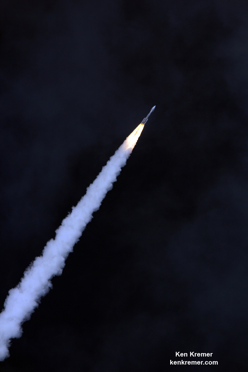 ULA Atlas V zooms to orbit with EchoStar 19 from Florida Space Coast on 2 million pounds of thrust from liquid and solid fueled motors on Dec. 18, 2016 .  Credit: Ken Kremer/kenkremer.com