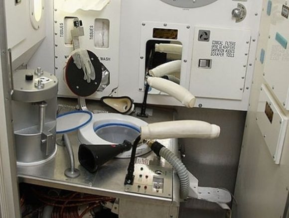 The toilet on board the International Space Station. Credit: NASA.