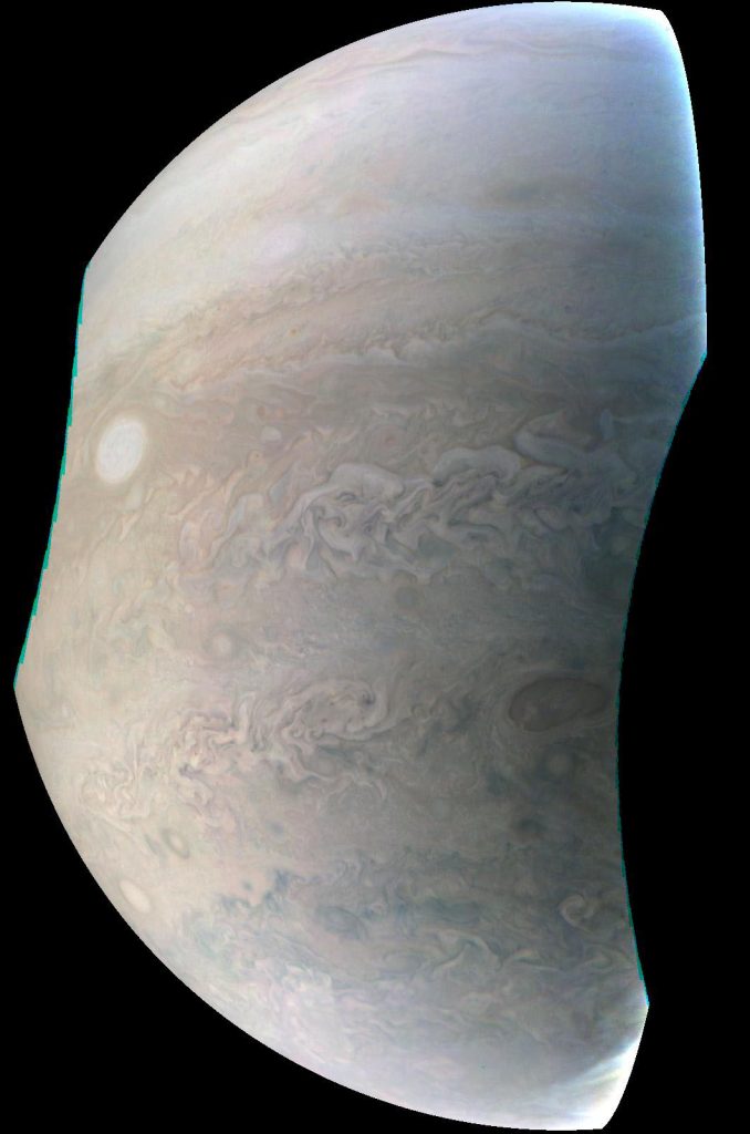 This is the original image sent by JunoCam on Dec. 11 and shows the 8th of the eight oval or 'pearls'in Jupiter's roiling atmosphere. Credit: NASA/JPL-Caltech/SwRI/MSSS