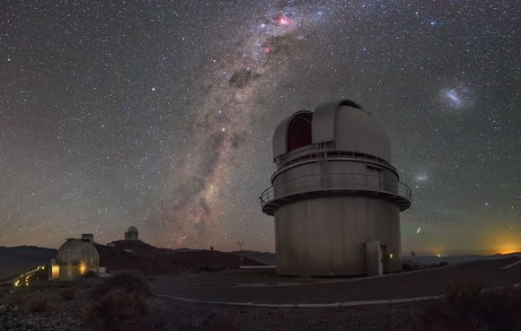 Beautiful image of sprites at La Silla Observatory, captured by ESO Photo Ambassador Petr Horálek. Sprites are extremely rare atmosphere phemomena caused by irregularities in the ionosphere, high above storm clouds, at altitudes of about 80 kilometres. Typically seen as groups of red-orange flashes, they are triggered by positive cloud-to-ground lightning, which is rarer and more powerful than its negative counterpart, as the lightning discharge originates from the upper regions of the cloud, further from the ground. In a short burst, the sprite extends rapidly downwards, creating dangling red tendrils before disappearing. The sprite pictured here was most likely over 500 kilometres away (compare with a satellite image showing the storm over Argentina), spanned a height of up to 80 kilometres and lasted only a fraction of a second. Links: Midsummer Night Brings Sprites — Rare phenomenon caught on camera at La Silla Red Sprites at La Silla Observatory Sprites at Paranal Observatory
