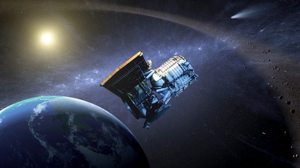 Artist's concept of the Wide-field Infrared Survey Explorer as its orbit around Earth. NEOWISE discovered the comet that bears its name in March 2020. Credit: NASA/JPL