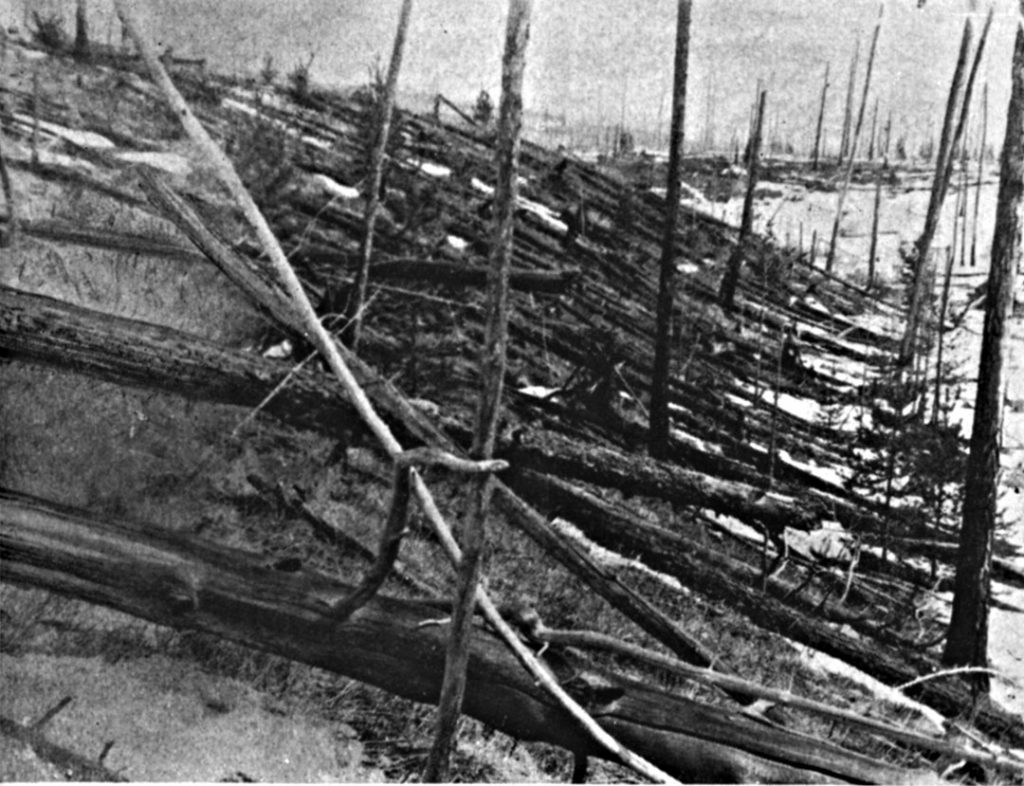 This photo shows trees felled from a powerful aerial meteorite explosion. It was taken during Leonid Kulik's 1929 expedition to the Tunguska impact event in Siberia in 1908. Credit: Kulik Expedition