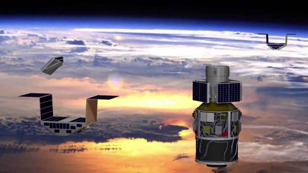 Artist's concept of the deployment of the eight Cyclone Global Navigation Satellite System (CYGNSS) microsatellite observatories in space.  Credits: NASA