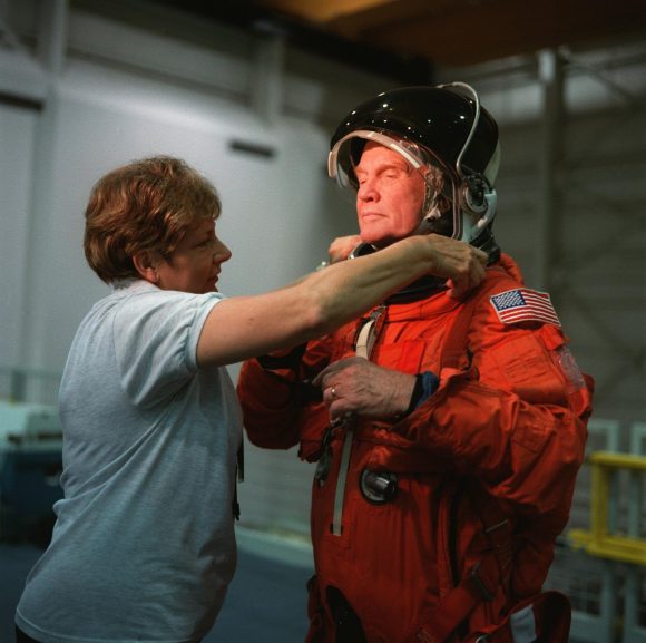 Then-Senator Glenn joined the STS-95 Discovery crew in 1998, becoming the oldest person to fly in space at 77. Credit: NASA