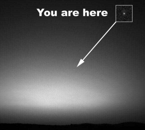 The first image ever taken of Earth from the surface of a planet beyond the Moon. The image was taken by the Mars Exploration Rover Spirit's panoramic camera on March 8, 2004, one hour before sunrise on the 63rd Martian day, or sol, of its mission. Credit: NASA/JPL.