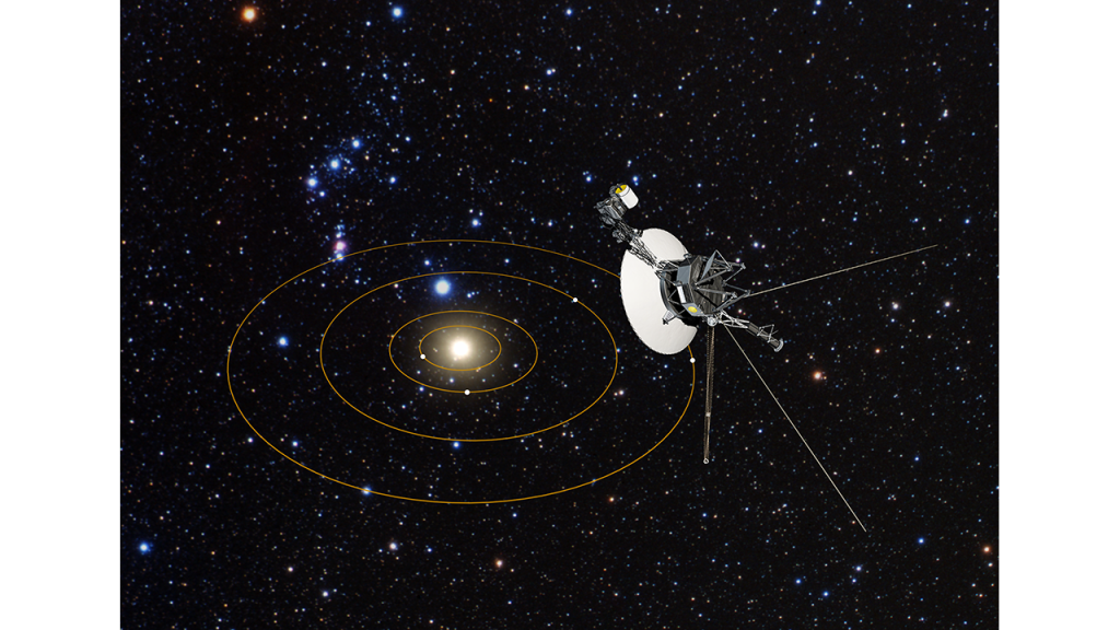 This is an artist's concept of Voyager 1's view of the Solar System. Voyager 1 is one of our first interstellar probes, though it's an inadvertent one. What might an alien probe look like? How might it behave? We don't know. Credit: NASA, ESA, and J. Zachary and S. Redfield (Wesleyan University); Artist's Illustration Credit: NASA, ESA, and G. Bacon (STScI).