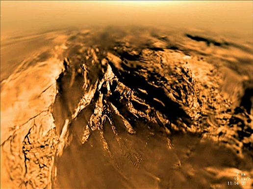 The view of Titan from the descending Huygens spacecraft on January 14, 2005. Credit: ESA/NASA/JPL/University of Arizona.